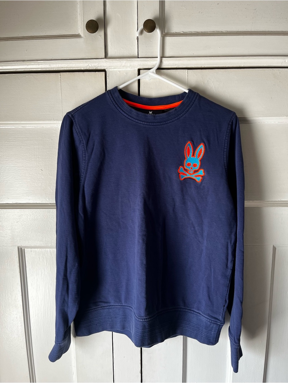 Psycho Bunny - Blue Crewneck with Neon Orange Bunny Logo - Men’s Size S